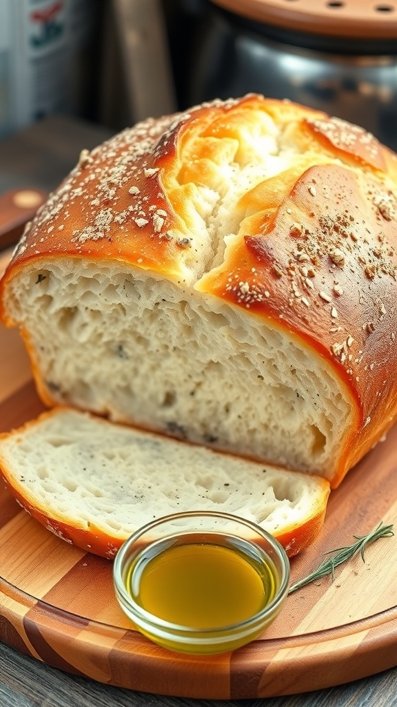 Easy No-Yeast Homemade Bread Recipe A golden-brown loaf of no-yeast bread sliced on a wooden board, with a bowl of olive oil and herbs.